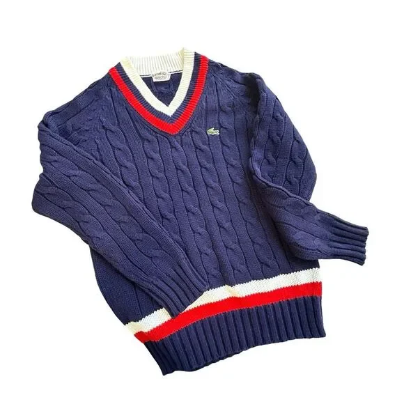 Vintage IZOD LACOSTE Cable Knit V-neck Sweater Blue with Red & White Size XL - Picture 5 of 12